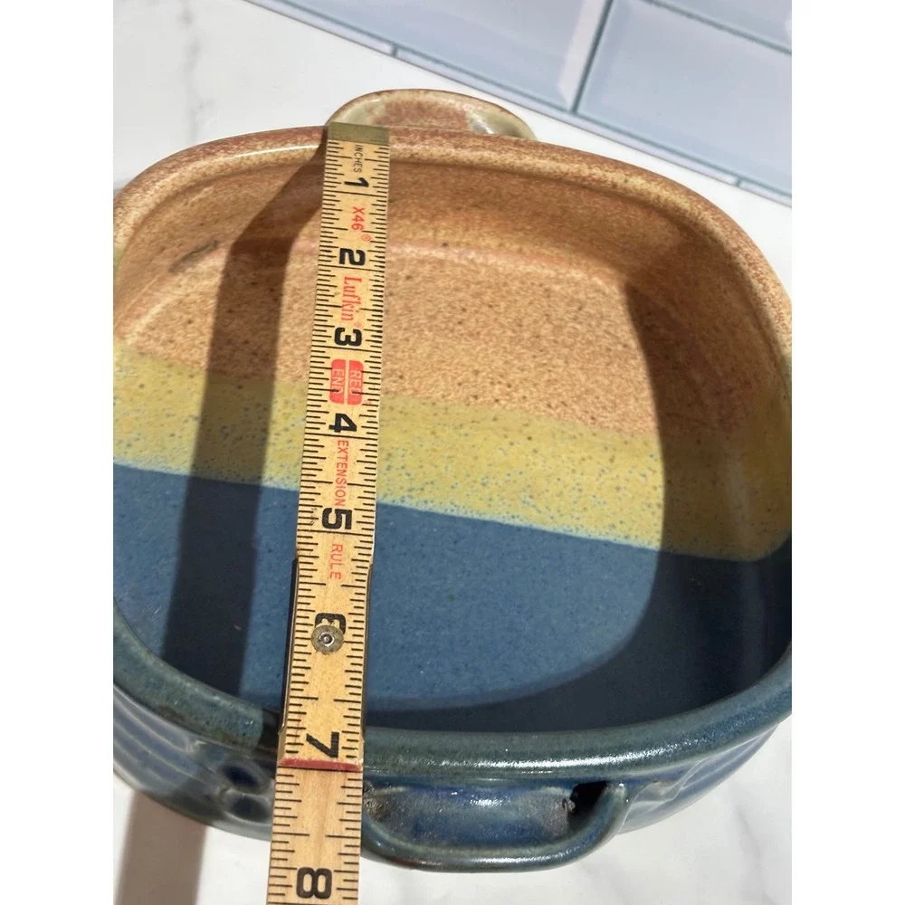 Studio Pottery Handcrafted Square Casserole Dish Blue Yellow Glazed Stoneware